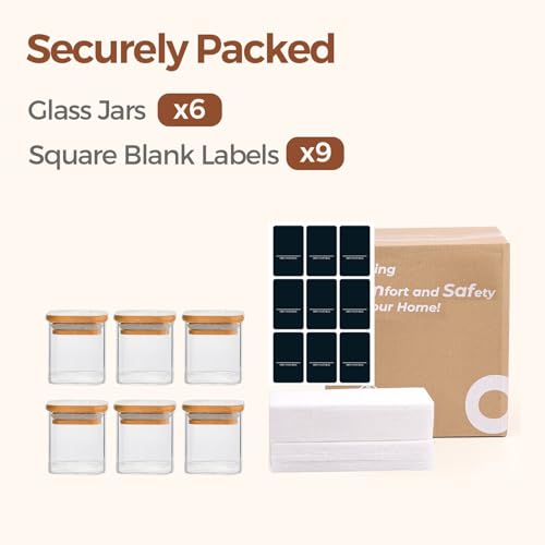 ComSaf Glass Spice Jars with Labels 4 oz 6 Pack Small Square Bamboo Lids | Empty Containers, Seasoning Herbs Powders, Salt Pepper Chili, Kitchen Cabinet Storage Starter Set, Dry Goods