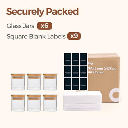 ComSaf Glass Spice Jars with Labels 4 oz 6 Pack Small Square Bamboo Lids | Empty Containers, Seasoning Herbs Powders, Salt Pepper Chili, Kitchen Cabinet Storage Starter Set, Dry Goods