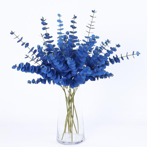 mizii 10pcs Blue Artificial Eucalyptus Stems Silk Leaves 23'' Faux Eucalyptus Plants Greenery Stems Fake Flowers Decorations for Vase Floral Bouquet Table Centerpieces Wedding Decor (Blue) - color: Blue