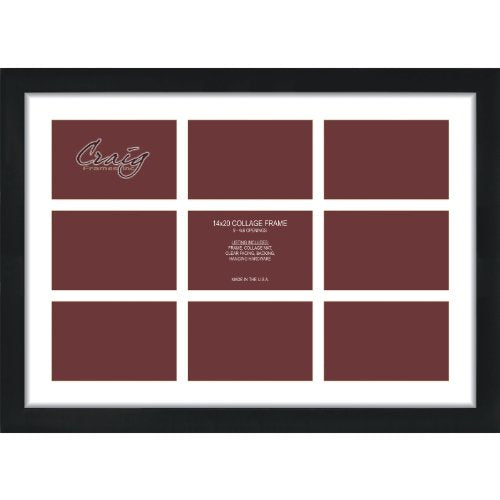 Craig Frames Contemporary, 14x20 Black Picture Frame with White Collage Mat, 9 Openings for 4x6 Prints - color: 4x6 9-Opening - 1" Border