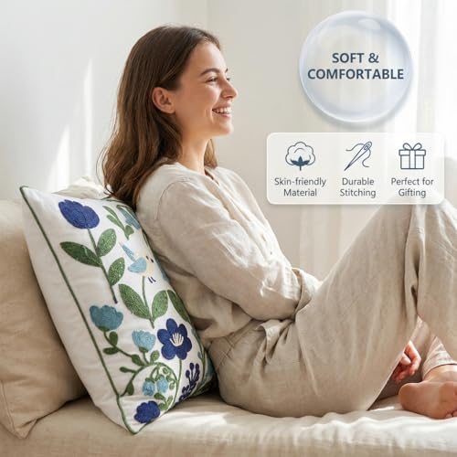 YIcabinet Pack of 2 Throw Pillow Covers, Embroidered Bird Flowers Pattern Throw Pillow Cover,Square Cotton Cushion,Pillow Case for Sofa Bedroom Couch,18"x18" - color: White18