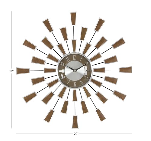 Deco 79 Metal Decorative Wall Clock Starburst Wall Clock for Home with Silver Accents, Wall Clock for Room 22" x 3" x 22", Brown
