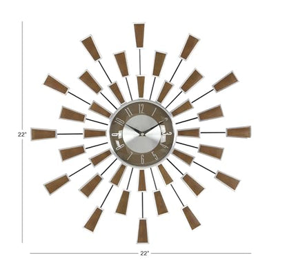 Deco 79 Metal Decorative Wall Clock Starburst Wall Clock for Home with Silver Accents, Wall Clock for Room 22" x 3" x 22", Brown