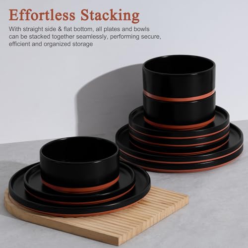 LIANYU 24 Piece Dinnerware Set for 8, Modern Style Stoneware Dinnerware Set | Scratch Resistant, Dishwasher Safe Bowl and Plate Sets, Ceramic Dish Dinner Set, Charcoal Black - color: Charcoal Black