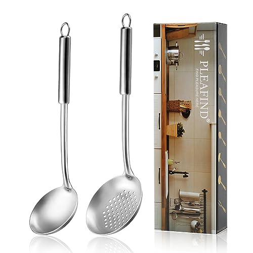 Pleafind 2-Pcs Ladle and Slotted Spoon, Soup Ladle and Strainer Spoons, Stainless Steel Cooking Spoon and Skimmer Spoons, Kitchen Utensils, Wok Utensils for Home and Restaurant, Dishwasher Safe - color: 2P-Grey