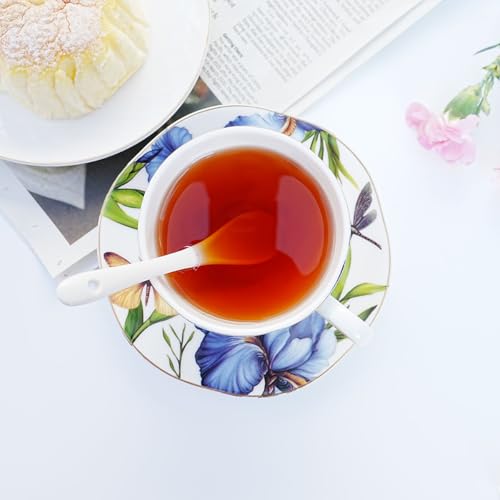 Bone China Tea Cup and Saucer Set with Spoon, 7 Oz Elegant Floral Teacup, British Style Porcelain Cup and Saucer, Gift for Women, Birthday and Christmas - color: flower-W01