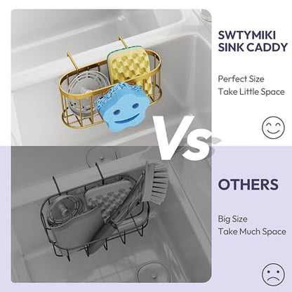 SWTYMIKI Sponge Holder for Kitchen Sink - Movable Sink Caddy with Smiley Face Sponge Holder, Rustproof Hanging Sponge Organizer in Double Bowl Sinks Depth>3.15in, Middle Divider<1.5in, Gold - color: Gold-smiley Sponge Holder