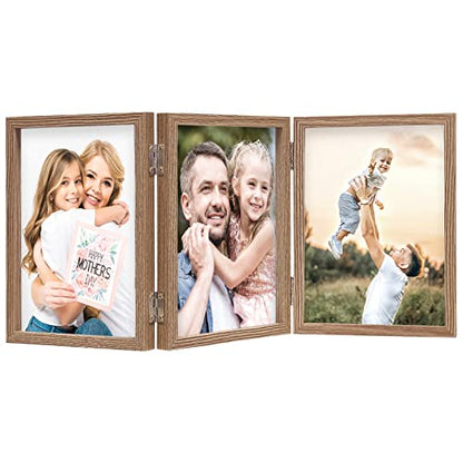 WUTL 3 Picture Frame Triple Collage 5x7 Frames with Real Glass Wood Grain | Trifold Photo Frame, Hinged Foldable, Crystal Clear Real Glass - color: Wood Grain, size: 5x7