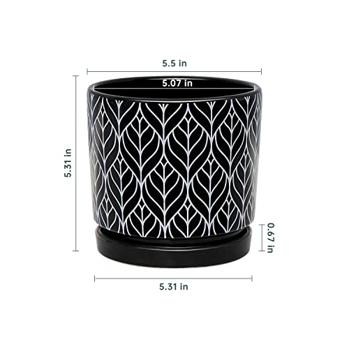 Flower Pots,5.5 Inch Black Ceramic Planters with Drainage Hole Set of 4 | Geometry Pots for Plants | Indoor Cylinder Plant Pots with Saucer | Cactus Succulent Pots | Outdoor Garden Pots | Garden Pots - color: Black