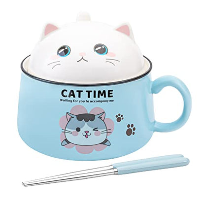 Ramen Bowl Set with Chopsticks, Cute Cat Instant Ramen Noodle Bowls with Lid, 34.5 OZ Extra Large Ceramic Soup Bowls with Handle, Japanese Ramen Cooker, Microwave safe (Blue) - color: Blue