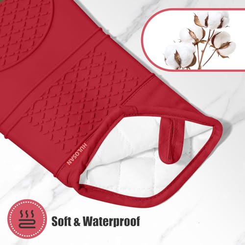 Oven Mitt and Pot Holders Sets, Quilted Cotton Terry Cloth,Non-Slip Pot Holder, Silicone Oven Mitt Heat Resistant, Oven Mittens 7.3"x14.2", Hot Pad 7"x10" & Dish Cloths 13"x25" - color: Red