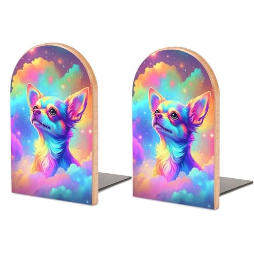 Heavy Duty Wood Bookends for Shelves Bookshelf Decor, Chihuahua Sky | Non-Slip Book Ends, Desktop Organizer for Home Library Office Supplies, 1 Pair - color: Style(627)