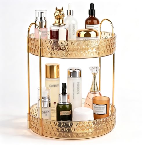 Large Capacity Rotating Makeup Organizer Perfume Stand Holder, 2 Tier Gold | Skincare Storage for Dresser 360° Spinning Bathroom Counter Organizer for Vanity Lazy Susan Turntable - color: Gold, size: 2 Tier (Standard)