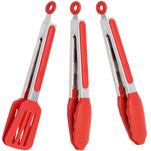 9 Inch Cooking Tongs with Silicone Tips Set of 3(Red) | Stainless Steel Handle, Non-Scratch, Heat Resistant - color: Red, size: 9inch