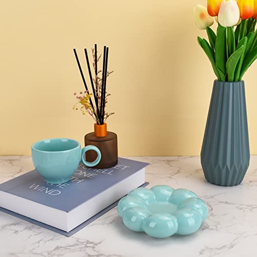 Koythin 6.5oz Sunflower Saucer Mini Ceramic Mug, Blue-Green Tea Latte Cup | 200ml Refreshing Small Mug, Dual Safe Ceramic; Home Office Light Drink Cup, Aesthetic Decor - color: Blue-green
