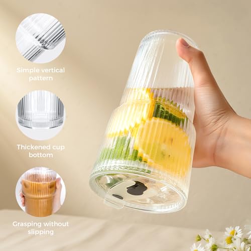 2PCS 20oz Glass Cups with Lids and Straws, Iced Coffee Cups with Lids, Stylish Ribbed Thick Drinking Glasses Tumbler for Juice, Smoothies, Cold Beverages, Cute Cup Gifts with Clean Brush - color: Clear Glass 2PCS