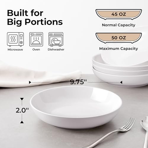 Y YHY 9.75" Large Pasta Bowls, 50 Ounces Big Salad Bowls, Ceramic Serving Bowl Set of 4, Wide and Shallow Bowls Set, Microwave and Dishwasher Safe, White - size: 9.75 inches