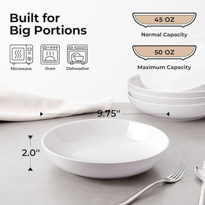 Y YHY 9.75" Large Pasta Bowls, 50 Ounces Big Salad Bowls, Ceramic Serving Bowl Set of 4, Wide and Shallow Bowls Set, Microwave and Dishwasher Safe, White - size: 9.75 inches