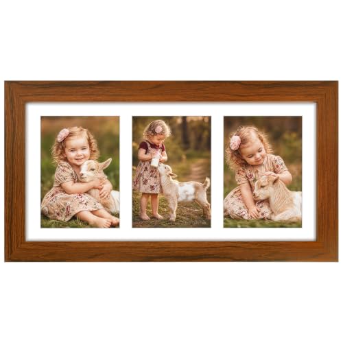 Golden State Art Collage Picture Frame 7x14 Matted 3 4x6 Photos Wood Brown | Clear Real Glass Cover and White Mat, Horizontal & Vertical Display Multi Prints For Gallery Wall, Home Decor & Holiday Gift - color: Brown With White Mat, size: 1 Pack