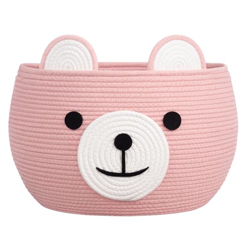 Large Baby Basket for Gifts Empty, Cute Bear Design, Brght Pink | 15.7" x 10.5" Baby Shower Basket for Kids Boys Newborn Storage, Woven Rope Toy Basket, Fits Living Room Nursery Décor - color: Pink, size: 15.7"D x 10.5"H