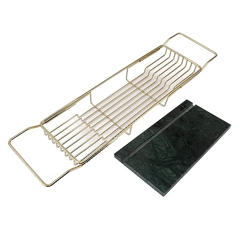 Marhynchus Metal Marble Bathtub Rack, Bathtub Caddy Tray Stainless Steel Shower Caddy Tray with Extending Sides, Bathroom Trays (Gold Green) - size: Gold Green
