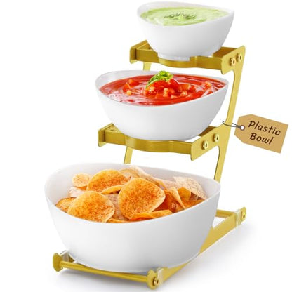 Lifewit 3 Tier Plastic Serving Bowls for Party, Chip and Dip Serving Set | Tiered Serving Tray with Gold Metal Stand for Fruit, Snack, Crack-Proof Platter for Buffet Display, Party Hosting Essentials - color: Gold