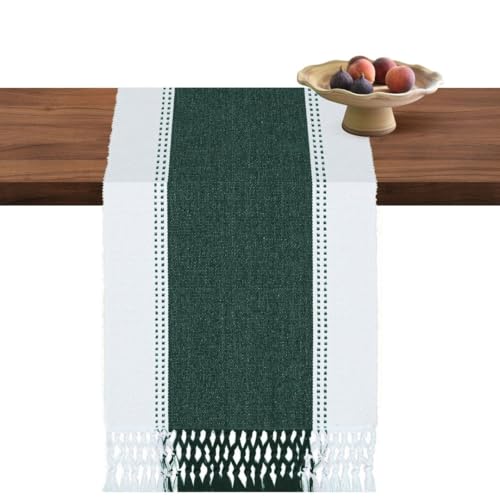 Cotton Table Runner 13x72 inch - Handcrafted Fringes - Soft Durable Washable - Farmhouse Style Table Décor for Dining Kitchen Console Coffee Table - Rustic Vintage Table Runner Green - color: Green