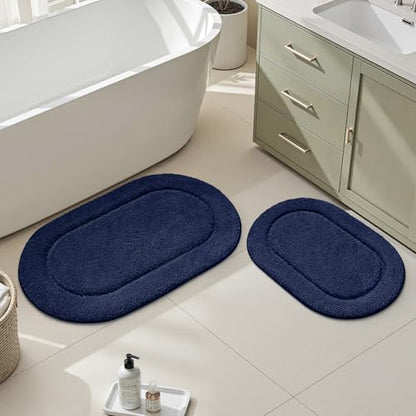 HOMEIDEAS Navy Blue Oval Bathroom Rug Sets 2 Piece 20" x 32" + 16" x 24" | Microfiber Bath Mats, Non-Slip TPR Backing, Ultra Absorbent & Quick Dry, Machine Washable for Bathroom, Shower, Tub - color: Navy Blue