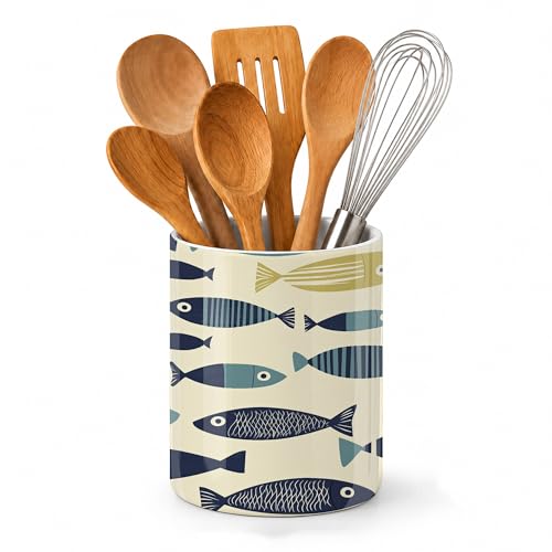 Fish Boho Kitchen Utensil Holder,Ocean Large Ceramic Utensil Crock Organizer for Spatulas,Spoons and Cooking Tools,Kitchen,Home Decoration 6.3" - color: Fish Boho Ocean