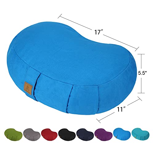 Crescent Zafu Meditation Pillow, D=17" W=11" H=5.5" Zabuton Yoga Bolster, Meditation Cushion, Floor Pouf Yoga Pillow Zippered Organic Cotton Cover Natural Buckwheat kneeling pillow - Large - color: Sky Blue