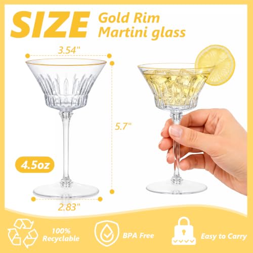 12 Pcs Plastic Martini Glasses with Gold Rim 4.5 Oz Reusable Acrylic Coupe Cocktail Glasses Removable Champagne Dessert Cups for Margaritas Weddings Parties Birthday (12, clear) - color: Clear