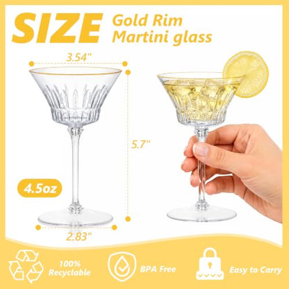 12 Pcs Plastic Martini Glasses with Gold Rim 4.5 Oz Reusable Acrylic Coupe Cocktail Glasses Removable Champagne Dessert Cups for Margaritas Weddings Parties Birthday (12, clear) - color: Clear