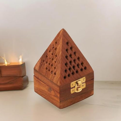 Bless-International Traditional-Handmade-Burner Wooden-Incense-Stick-Holder Ash-Catcher-Stand for-Aromatherapy-Meditation-Yoga (5 Inch Temple Wooden Charcoal/Cone) - color: Wooden Pyramid