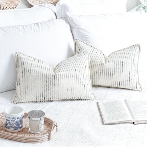 NUYECY Soft Chenille Decorative Throw Pillow Covers 14x24 Set of 2,Cream White Neutral Couch Pillow Covers Striped Textured Farmhouse Pillowcases for Modern Home Decor Bed Sofa Living Room Bedroom - color: Cream White, size: 24" x 14" (Pack of 2)