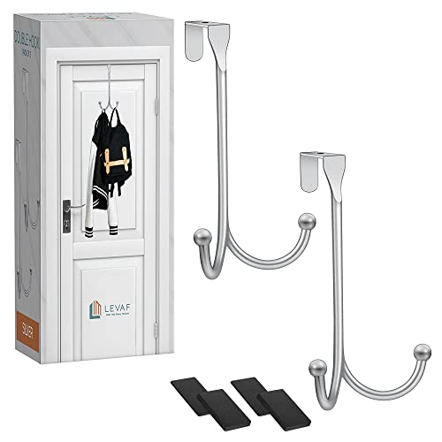 2-Pack Over The Door Hooks - with 2 Hang Heads & Snug Fit Pads Heavy Duty Hook for Hanging Coats, Towels, Caps & Robes - Elegant Matt Finish - No Drill Hanger Organizer - Silver - color: Silver, size: 2 Heads