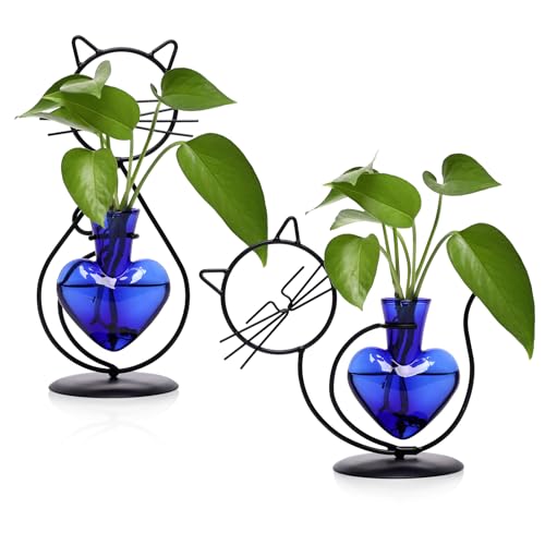 Plant Terrarium Propagation Station Gifts for Women Cat Lover | Plant Lovers Home Office Decor Cat Desk Accessories - color: Blue