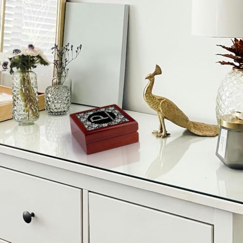 3dRose Pretty Black and White Floral Monogram Letter P Jewelry Box 7 x 7 inch with 4 inch tile