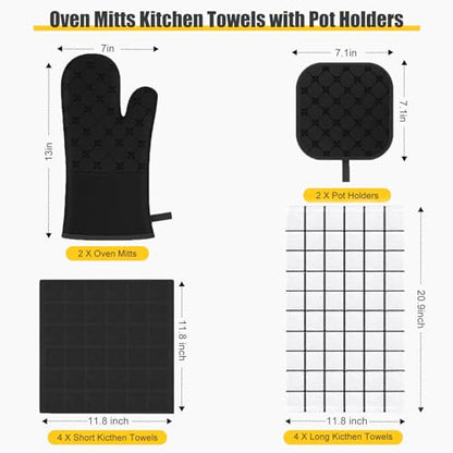 Oven Mitts Kitchen Towels Dishcloths with Pot Holders Sets 12PCS, Dish Towels Sets, Oven Gloves Pot Pads Heat Resistant 500 Degrees with Non-Slip Silicone Surface for Cooking Baking Grilling Black - color: Black
