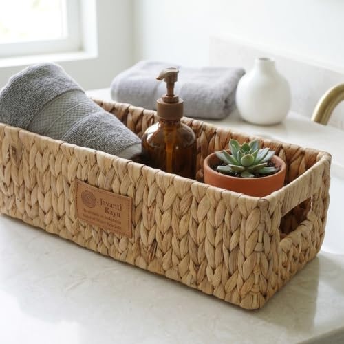 Water Hyacinth Toilet Paper Basket – Long Narrow Woven Storage Basket for Toilet Tank Top, Bathroom Counter & Shelf – Handwoven, Steel-Reinforced Rim – 15" x 6.7" x 5" (Fits 3 Rolls) - size: Long: 15x6.7x5"