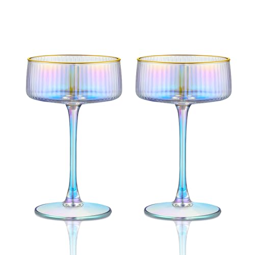 Joeyan Iridescent Gold Rim Ribbed Coupe Glasses Set of 2, 9oz Vintage Rainbow Hand Blown Crystal Martini Glasses for Cocktails, Margarita, Champagne, Wedding, Party, Christmas, Home Bar& Gifts - color: Iridescent coupe glasses