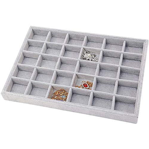 Grey Velvet Stackable 30 Compartments Jewelry Tray Box Showcase Display | Organizer Holder Rectangle Storage Case Containers Chest for Women Crystal Stone Stud Drop Earring Watch Bead Trinket Diamond - color: Grey 30 Grid