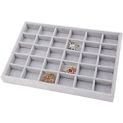 Grey Velvet Stackable 30 Compartments Jewelry Tray Box Showcase Display | Organizer Holder Rectangle Storage Case Containers Chest for Women Crystal Stone Stud Drop Earring Watch Bead Trinket Diamond - color: Grey 30 Grid