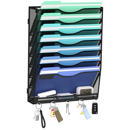 Gawerk Hanging Wall File Organizer with 5 Hooks - Wall Mounted Mail Paper Document Folder Holder, Sturdy Mesh Magazine Rack for Office Home (7+1 Tier) - size: 7+1 Tier