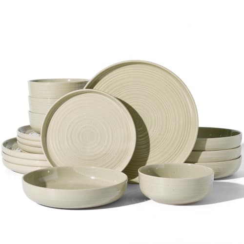 Stoneware Dinnerware Set with Pasta Bowls, Service for 4 | White Honey, 16-Piece Ceramic Plates and Bowls, Speckled Spiral Dishes, Chip & Scratch Resistant, Microwave & Dishwasher Safe - color: White Honey, size: Service for 4 (16pc) - Double Bowls