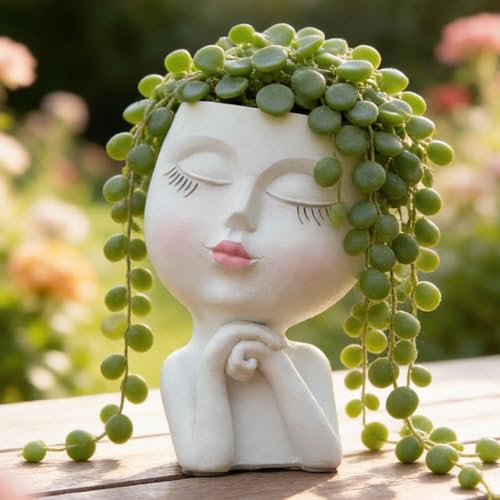 Face Planter, Head Planter, Plant Pots Indoor, Plant Pot for Home Decor, Flower Pots with Drainage, Cute Planters for Women, Succulent Pots, Face Flower Pot(7.2 Inch) - color: White