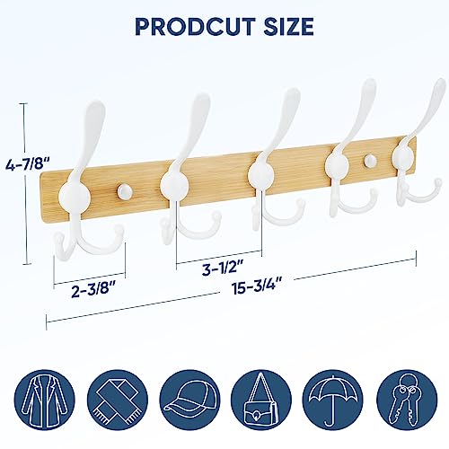 TICONN Wall Mounted Coat Rack, Five Heavy Duty Tri Hooks All Metal Construction for Jacket Coat Hat in Mudroom Entryway (Wood White, 1-Pack) - color: Wood White
