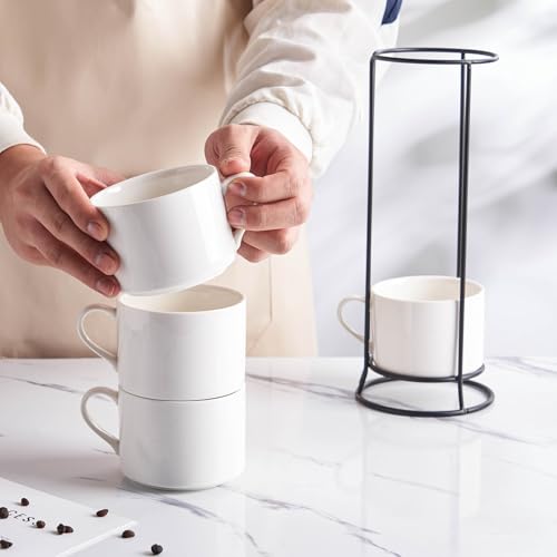 10oz Stackable Coffee Mugs Set of 4 with Stand | White Ceramic Coffee Cups Set for Cappuccino, Latte, Tea, Milk, Housewarming Gift - color: White