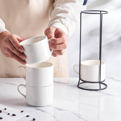 10oz Stackable Coffee Mugs Set of 4 with Stand | White Ceramic Coffee Cups Set for Cappuccino, Latte, Tea, Milk, Housewarming Gift - color: White