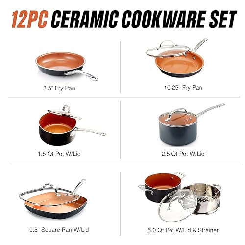 Gotham Steel 12 Pc Ceramic Cookware Set Nonstick, Ceramic Pots and Pans Set Non Stick with Steamer for Cooking, Non Toxic PFOA PFOS Free, Ergonomic Stay Cool Handles, Oven & Dishwasher Safe, Copper | Non Toxic PFOA/PFOS/PTFE Free Ceramic & Titanium Coatin