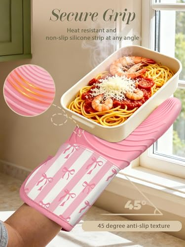 Slohif Long Silicone Oven Mitts Heat Resistant for Women - 2 Pcs Pink Bow 100% Cotton Oven Gloves, Non-Slip and Waterproof Silicone Oven Mitts with Hanger for Baking and Cooking - color: Pink